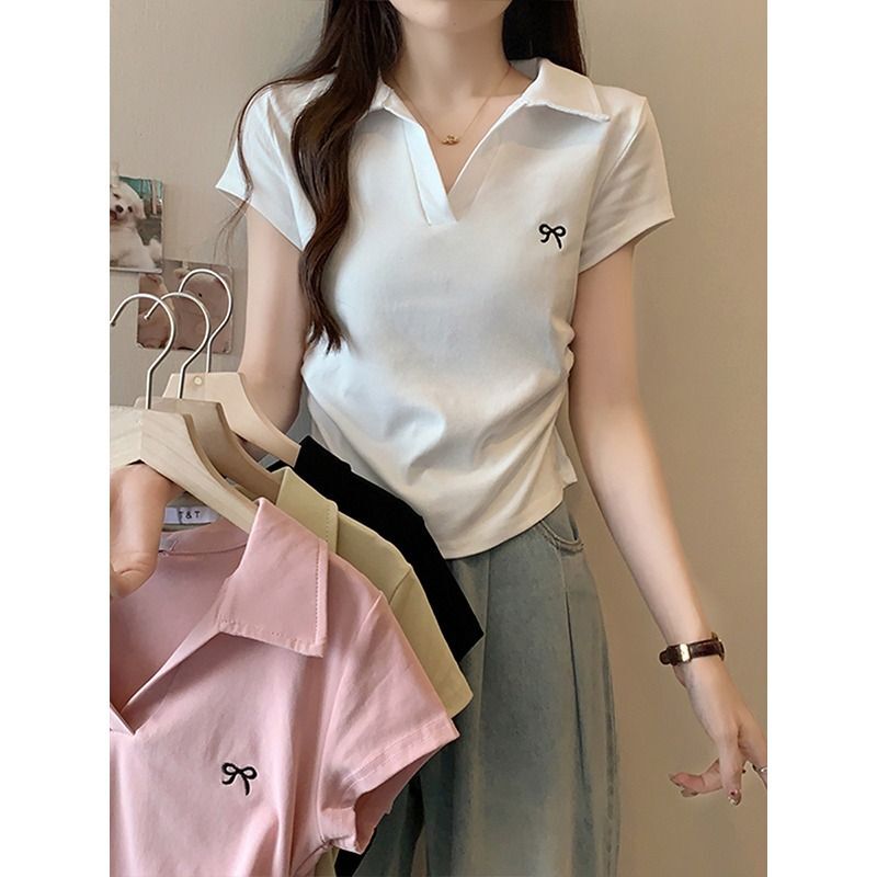 MR 40支人棉 polo领蝴蝶粉色褶皱收腰甜辣正肩 MR 40支人棉 polo领蝴蝶粉色褶皱收腰甜辣正肩