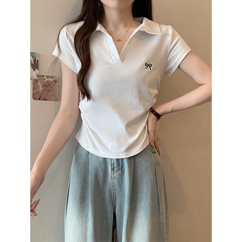 MR 40支人棉 polo领蝴蝶粉色褶皱收腰甜辣正肩