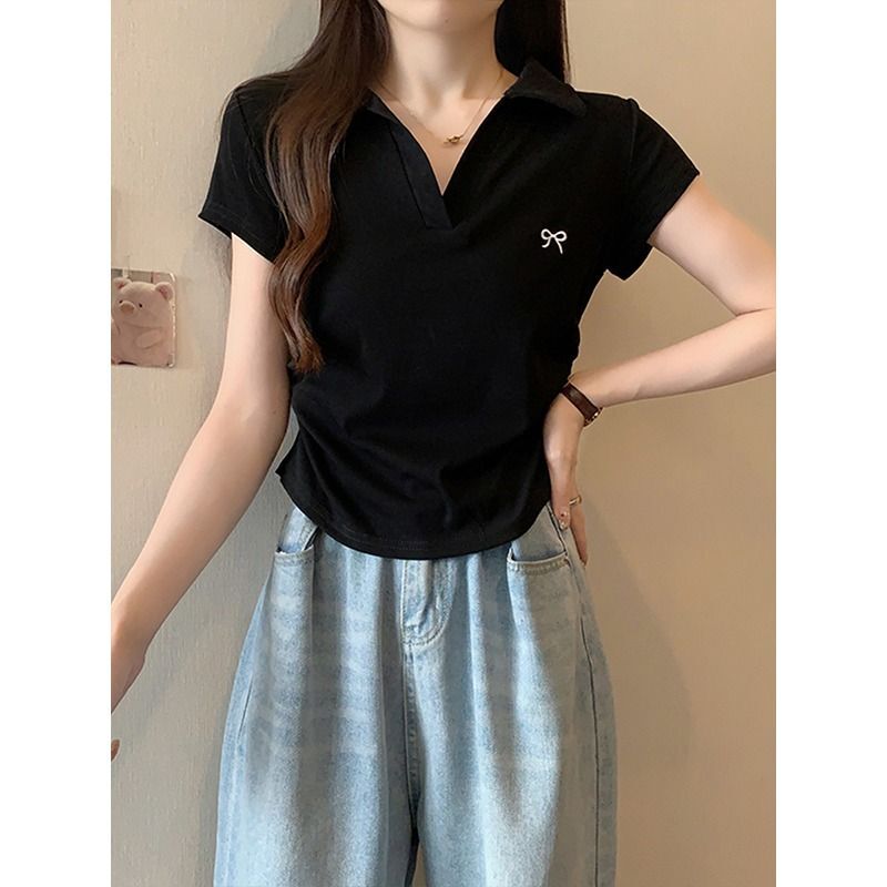 MR 40支人棉 polo领蝴蝶粉色褶皱收腰甜辣正肩