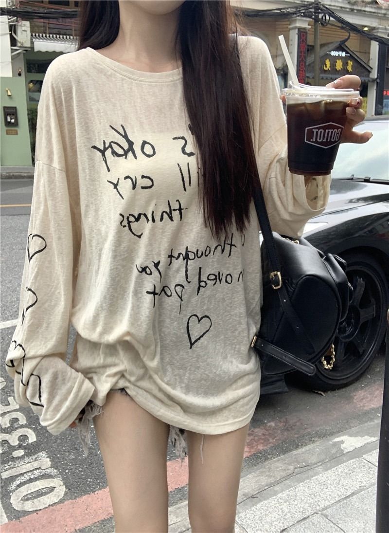 MR 竹节条纹 慵懒字母印花长袖T恤女宽松薄款防晒衫空调罩衫 MR 竹节条纹 慵懒字母印花长袖T恤女宽松薄款防晒衫空调罩衫