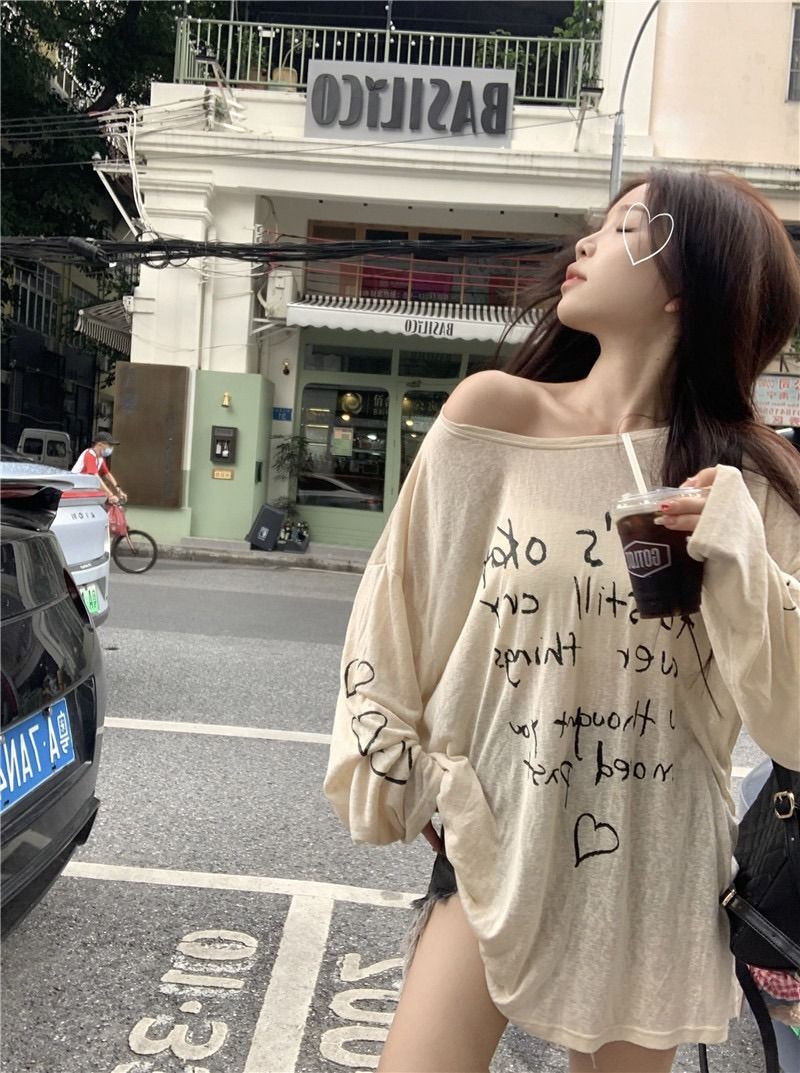 MR 竹节条纹 慵懒字母印花长袖T恤女宽松薄款防晒衫空调罩衫