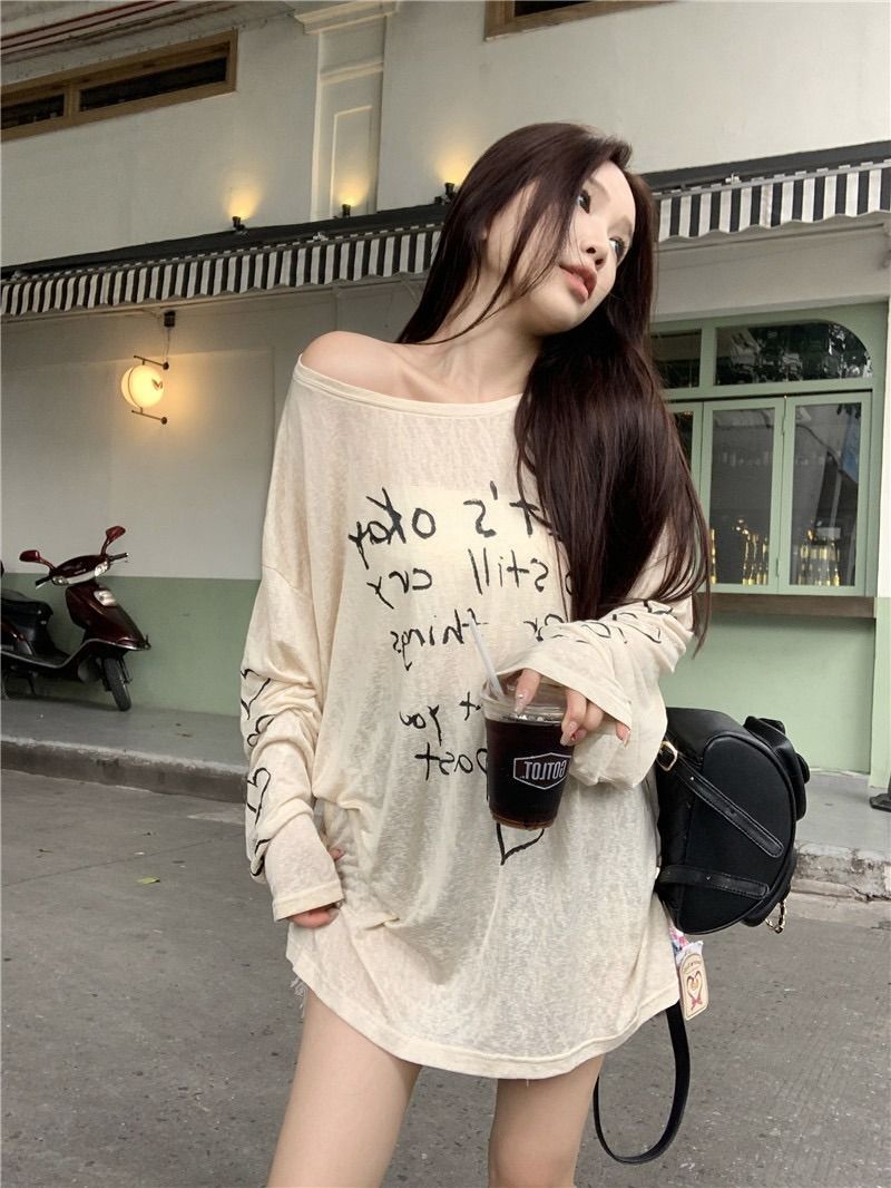 MR 竹节条纹 慵懒字母印花长袖T恤女宽松薄款防晒衫空调罩衫