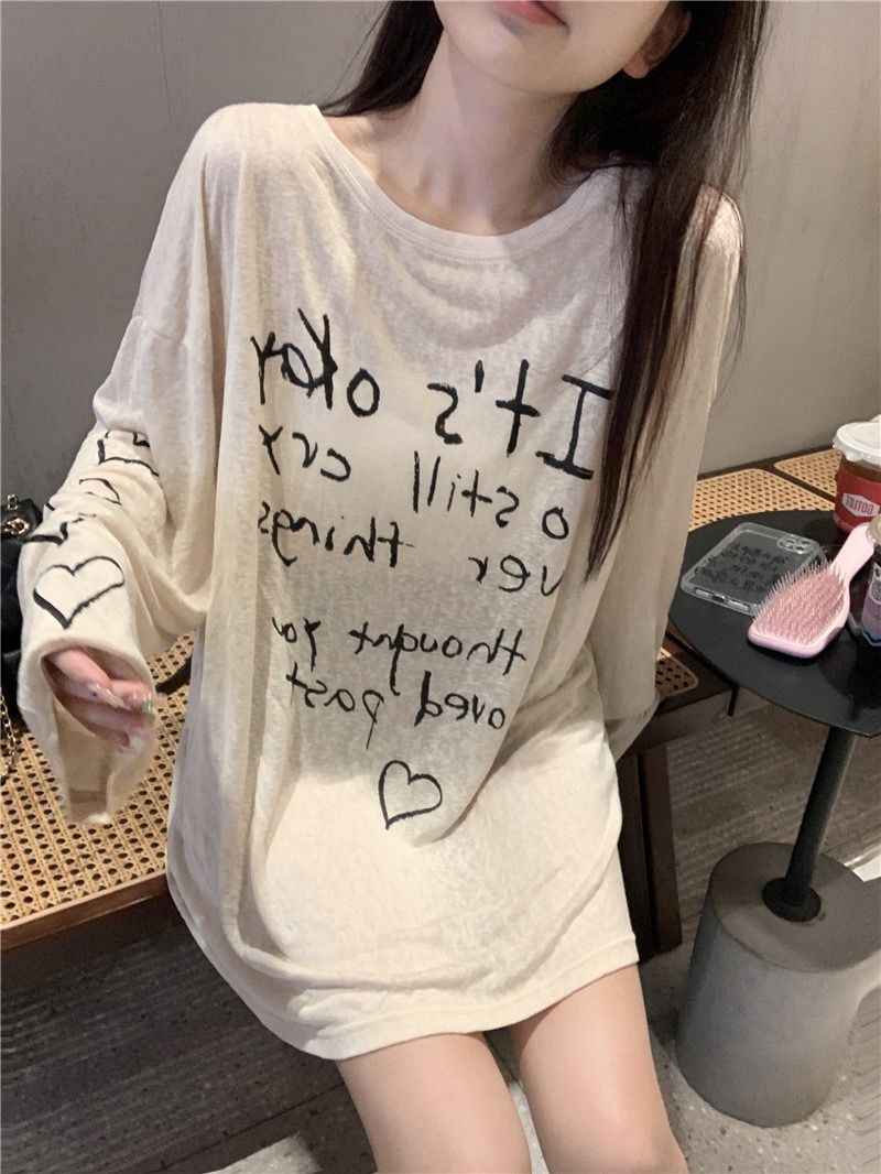 MR 竹节条纹 慵懒字母印花长袖T恤女宽松薄款防晒衫空调罩衫