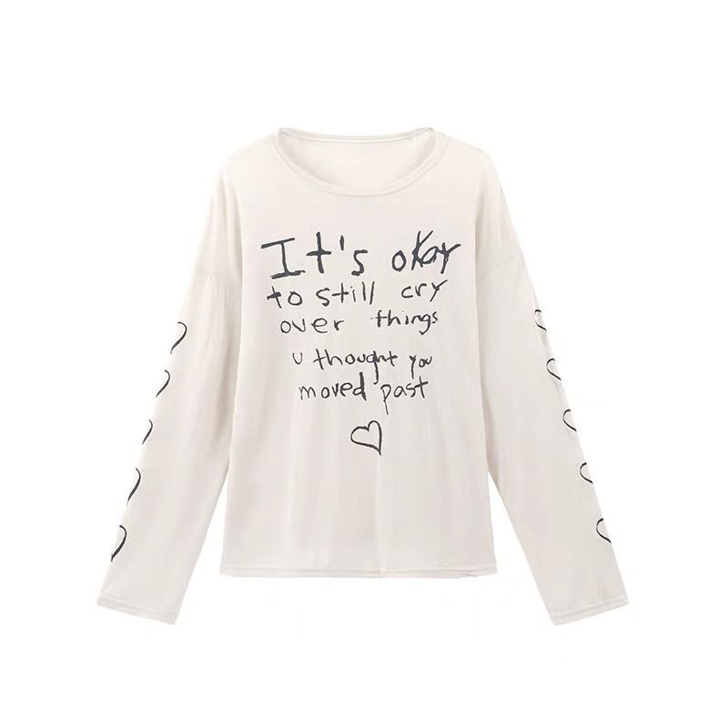 MR 竹节条纹 慵懒字母印花长袖T恤女宽松薄款防晒衫空调罩衫