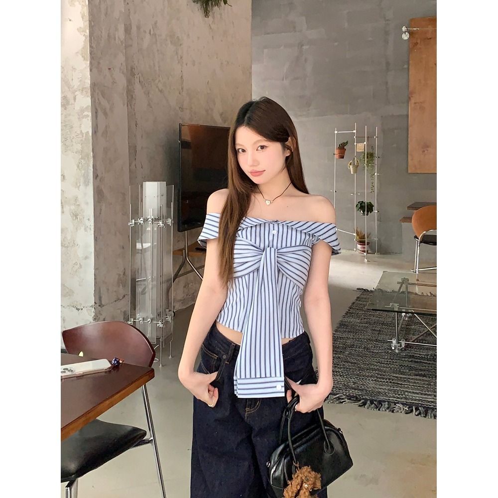 MR【原版做法】甜辣妹一字肩蓝条纹绑带衬衫夏季修身显瘦百搭上