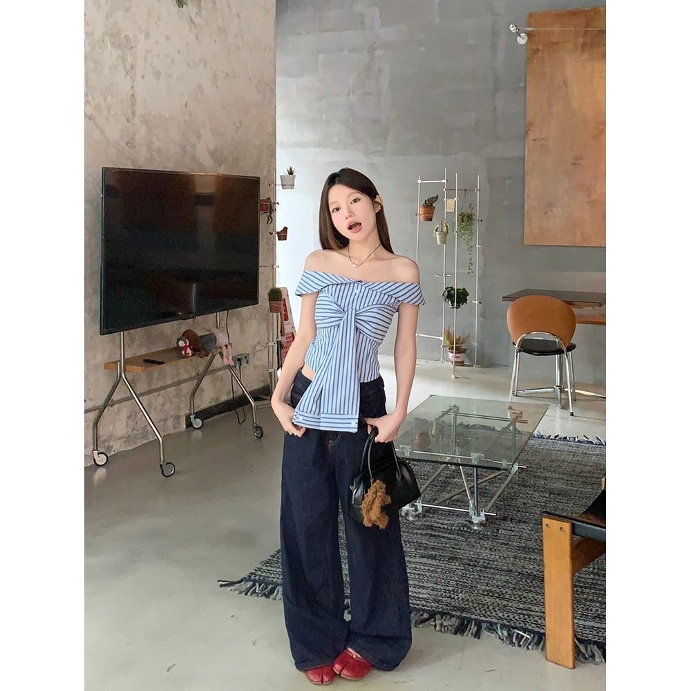MR【原版做法】甜辣妹一字肩蓝条纹绑带衬衫夏季修身显瘦百搭上