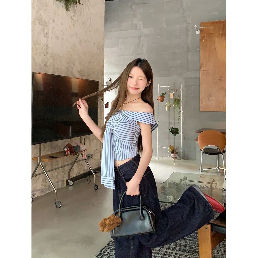 MR【原版做法】甜辣妹一字肩蓝条纹绑带衬衫夏季修身显瘦百搭上
