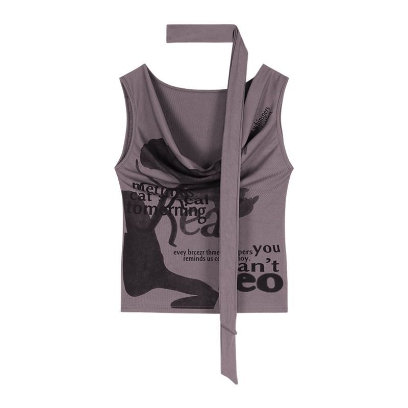 MR 原版做法 字母印花灰色荡领背心T恤女夏显瘦辣妹无袖短款