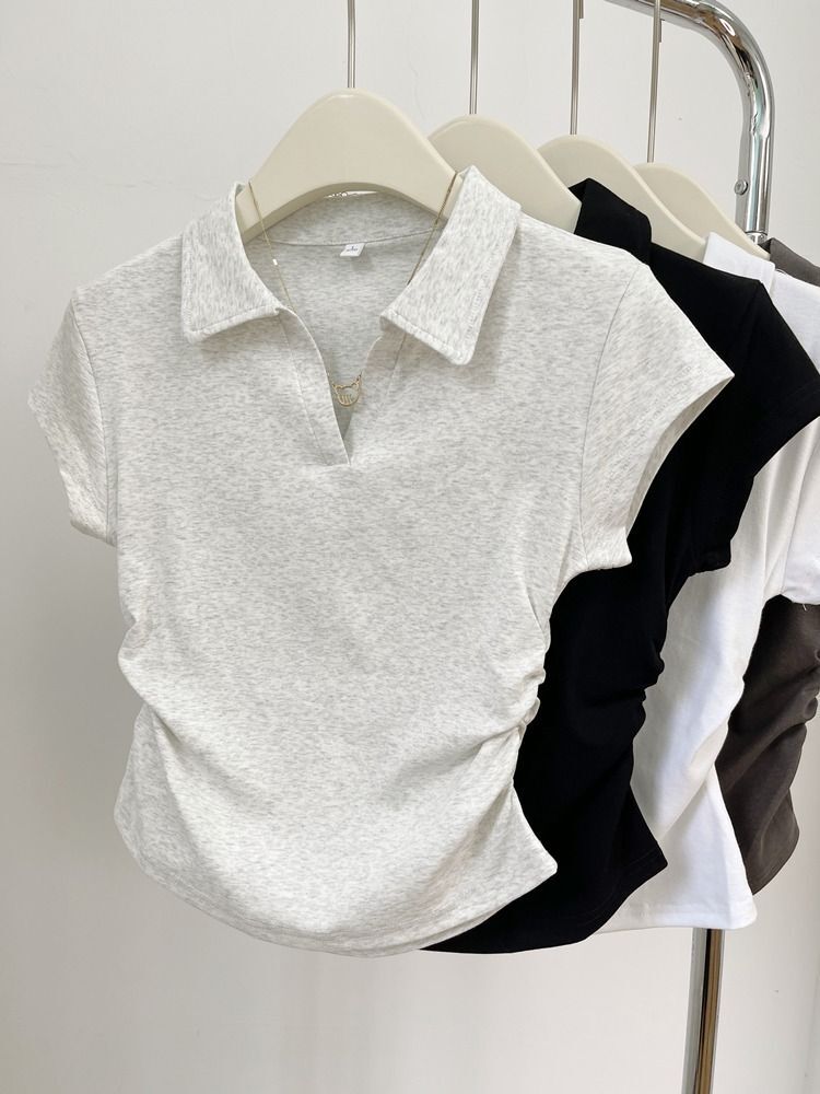 MR 40支纯棉1*1 正肩t恤女设计感不规则褶皱短款Po MR 40支纯棉1*1 正肩t恤女设计感不规则褶皱短款Po