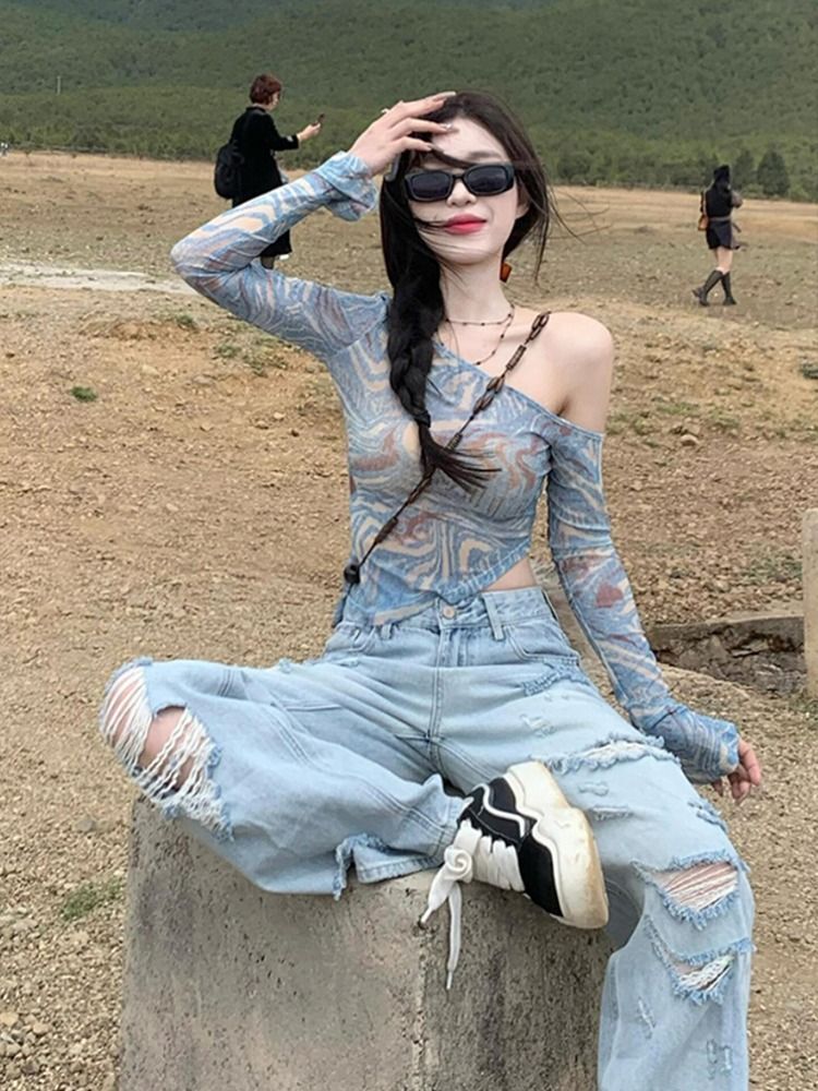 MR 原版面料 美式复古扎染网纱防晒罩衫上衣女薄款夏斜露肩辣 MR 原版面料 美式复古扎染网纱防晒罩衫上衣女薄款夏斜露肩辣