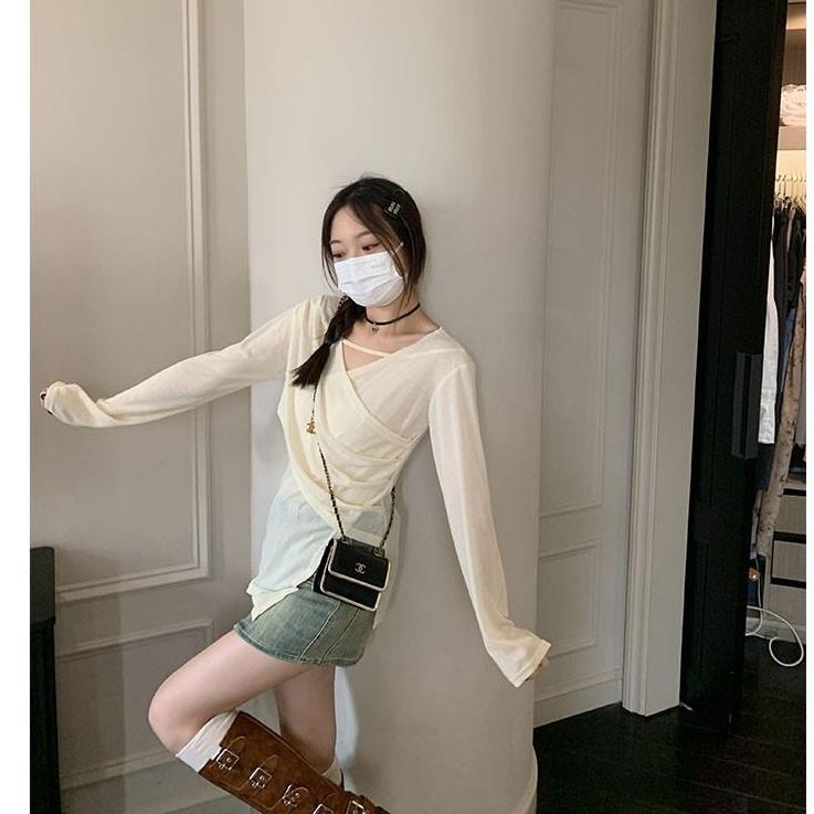 MR 原版面料 小众设计交叉绑带防晒衫法式V领薄款长袖t恤