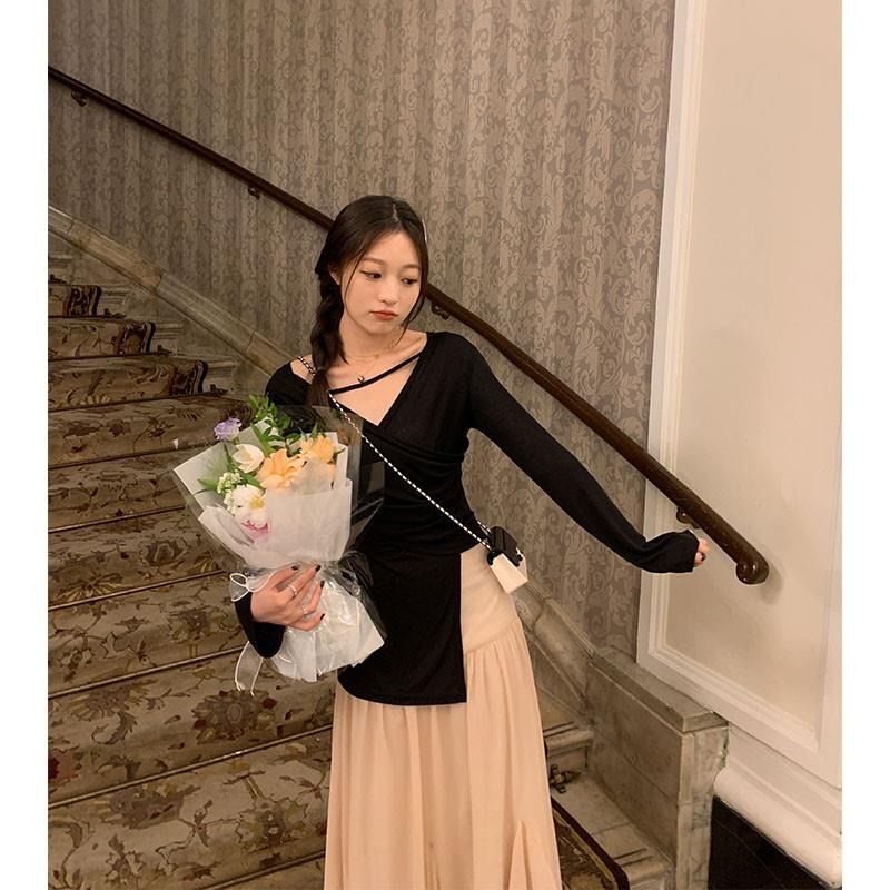 MR 原版面料 小众设计交叉绑带防晒衫法式V领薄款长袖t恤