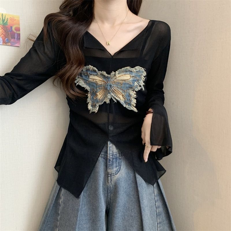 MR【原版面料 40D网纱】美式蝴蝶拼接长袖t恤女早秋别致v