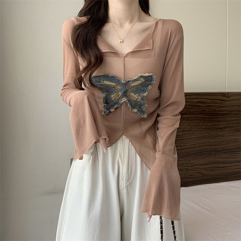 MR【原版面料 40D网纱】美式蝴蝶拼接长袖t恤女早秋别致v