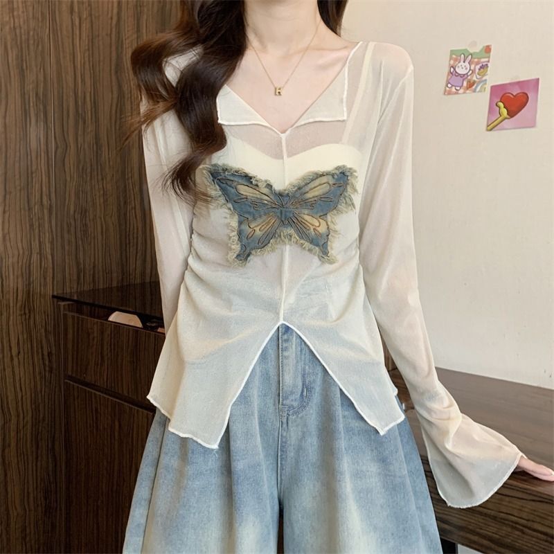 MR【原版面料 40D网纱】美式蝴蝶拼接长袖t恤女早秋别致v