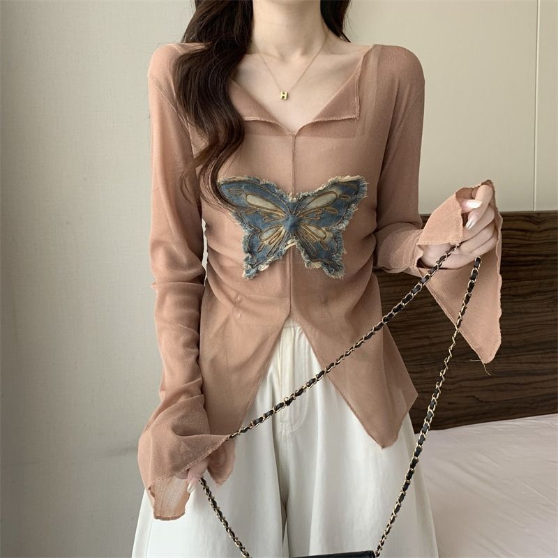 MR【原版面料 40D网纱】美式蝴蝶拼接长袖t恤女早秋别致v