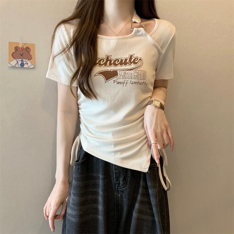 设计感小众假两件正肩短袖T恤女夏季辣妹修身抽绳别致短款上衣i