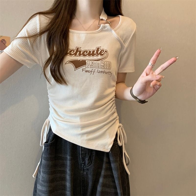 设计感小众假两件正肩短袖T恤女夏季辣妹修身抽绳别致短款上衣i