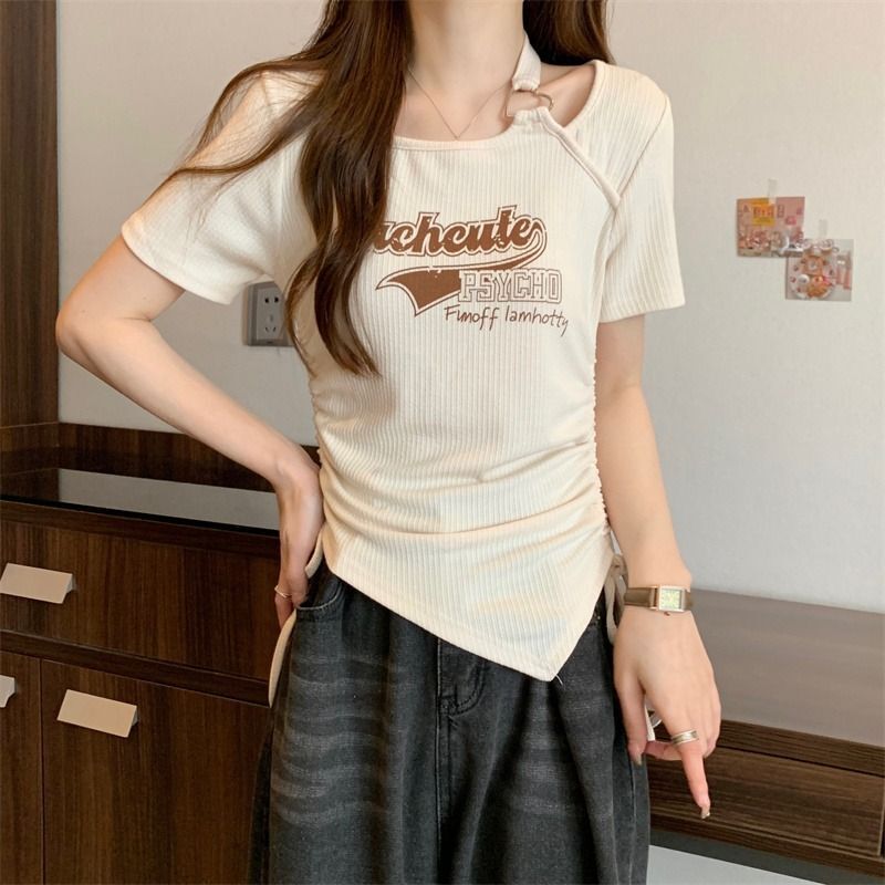 设计感小众假两件正肩短袖T恤女夏季辣妹修身抽绳别致短款上衣i