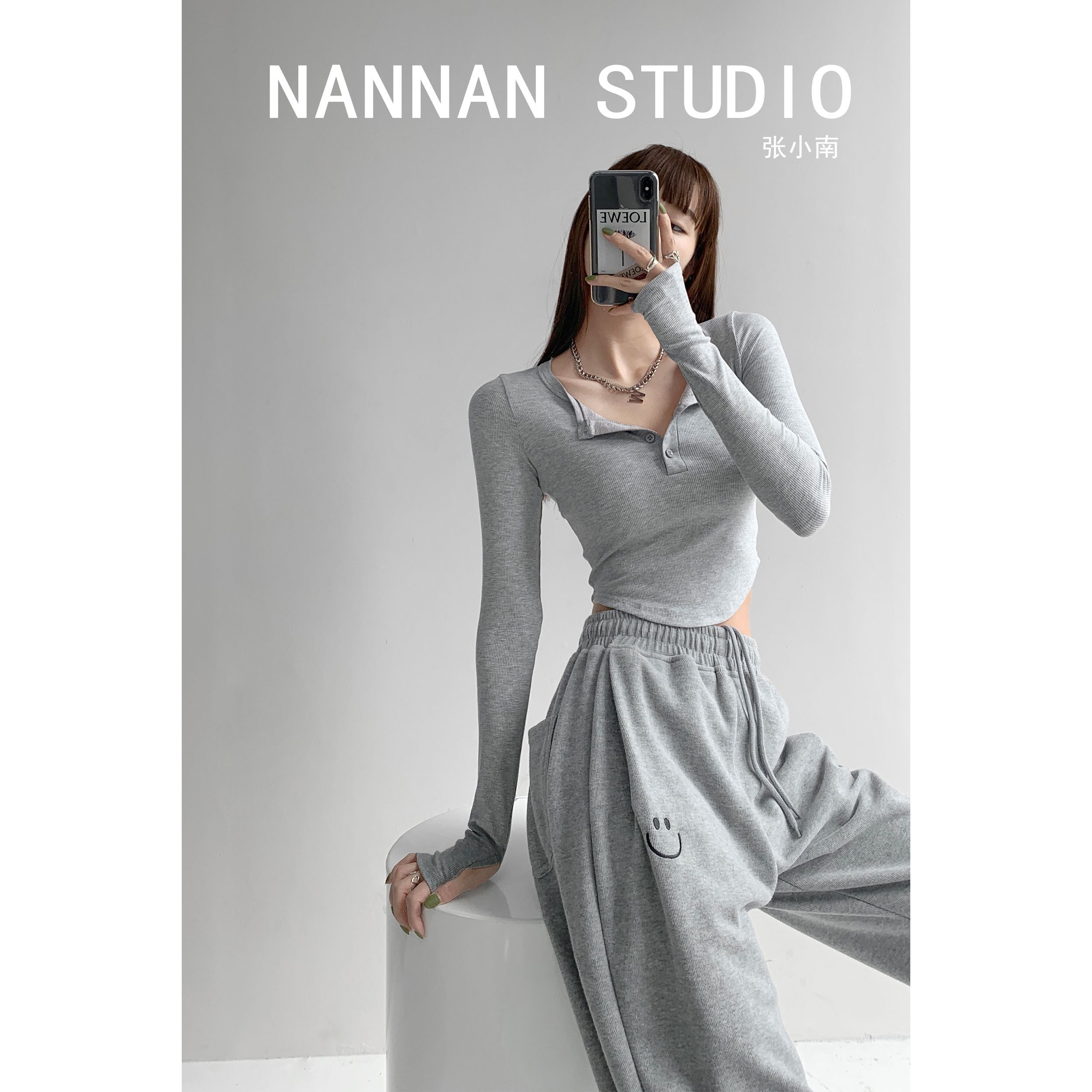 美式灰色修身长袖打底衫女设计感T恤显瘦露脐短款上衣