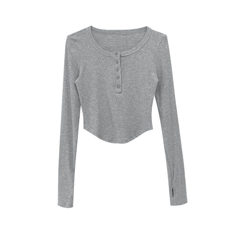 美式灰色修身长袖打底衫女设计感T恤显瘦露脐短款上衣