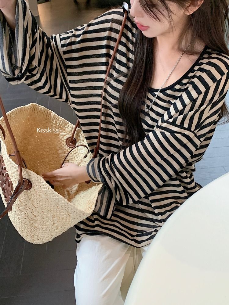 MR 天丝羊绒 复古条纹中长款圆领长袖T恤女宽松休闲慵懒 MR 天丝羊绒 复古条纹中长款圆领长袖T恤女宽松休闲慵懒