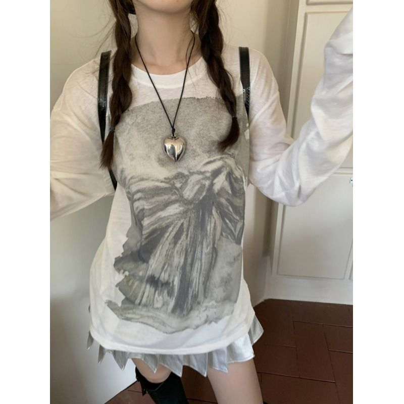 MR 原版面料 白色印花T恤女夏季简约百搭时尚休闲长袖防晒