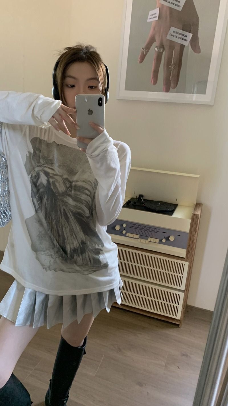 MR 原版面料 白色印花T恤女夏季简约百搭时尚休闲长袖防晒