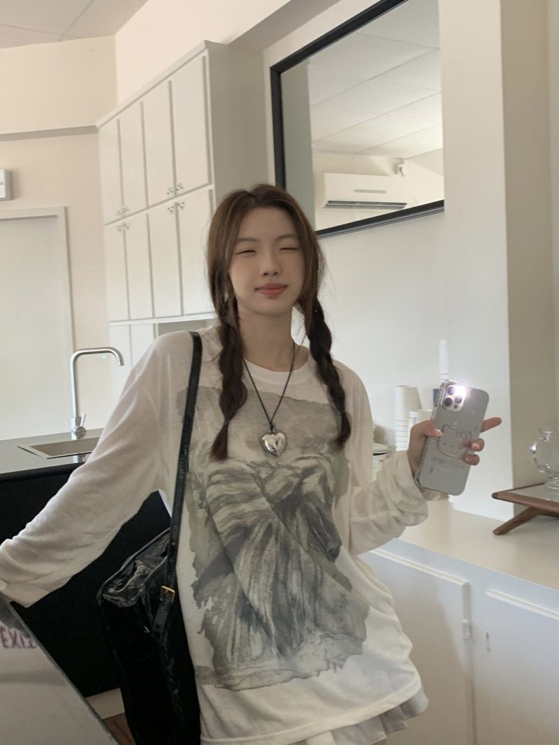 MR 原版面料 白色印花T恤女夏季简约百搭时尚休闲长袖防晒