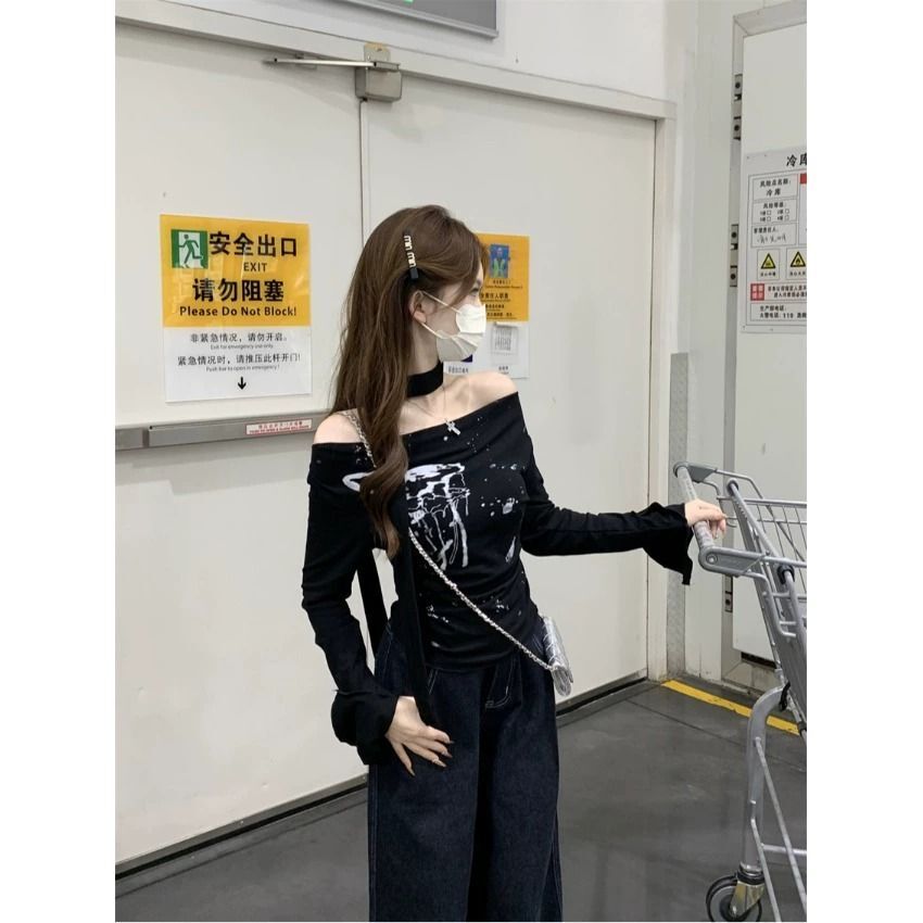 MR 高弹螺纹 甜辣妹一字肩印花长袖T恤女早秋设计感短款修