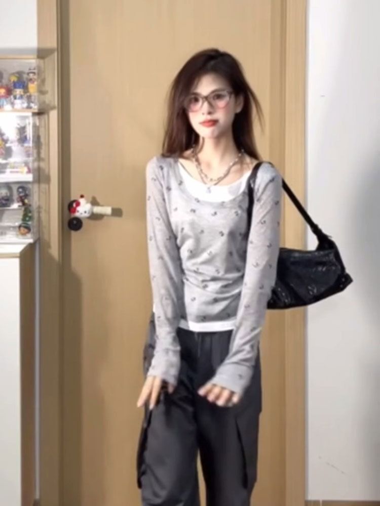 MR 天丝羊绒 韩系甜辣妹蝴蝶假两件长袖t恤女设计感小众早