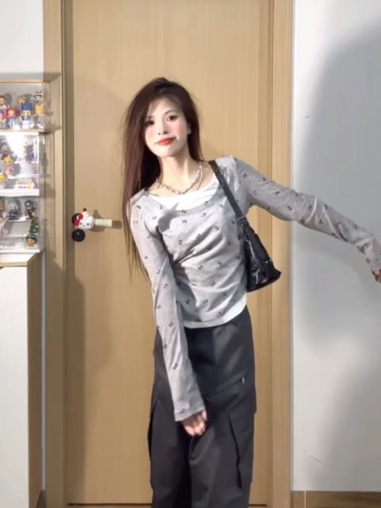 MR 天丝羊绒 韩系甜辣妹蝴蝶假两件长袖t恤女设计感小众早