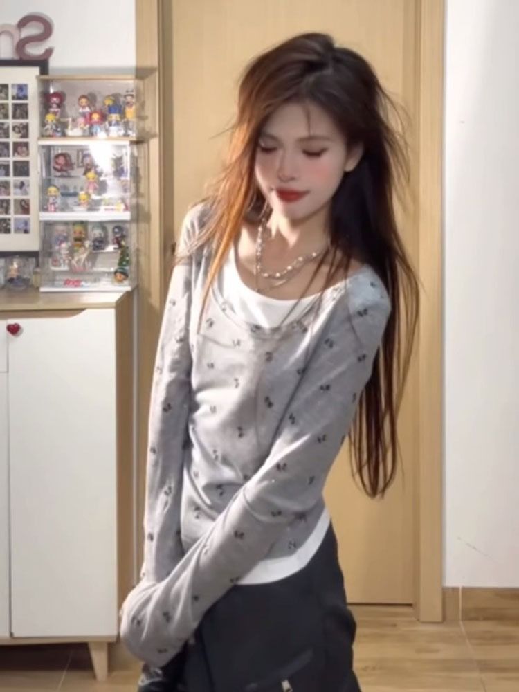 MR 天丝羊绒 韩系甜辣妹蝴蝶假两件长袖t恤女设计感小众早