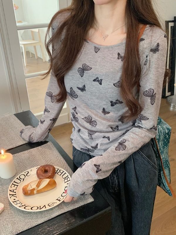 MR 天丝羊绒 辣妹灰色蝴蝶印花T恤女春秋薄款修身打底衫短