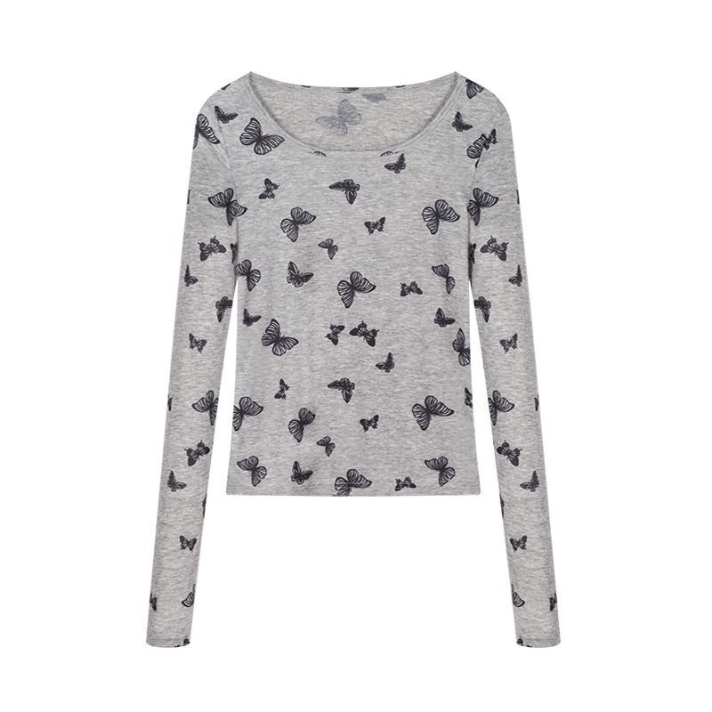 MR 天丝羊绒 辣妹灰色蝴蝶印花T恤女春秋薄款修身打底衫短