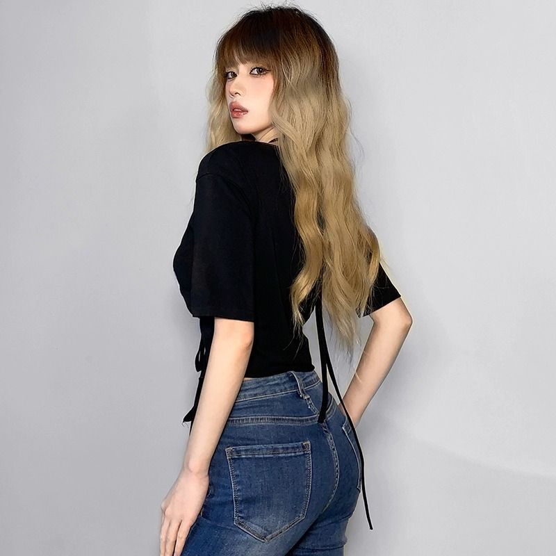 街头创意印花交叉绑带V领T恤女修身收腰不规则露脐上衣