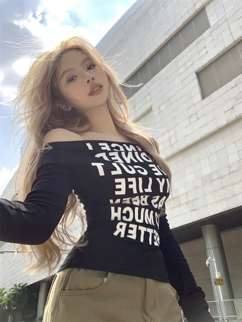 MR【特价】辣妹风一字肩字母印花T恤女早秋修身显瘦短款上衣