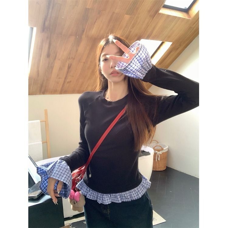 MR【原版做法】复古格纹拼接长袖女秋季设计感显瘦T恤修身别致