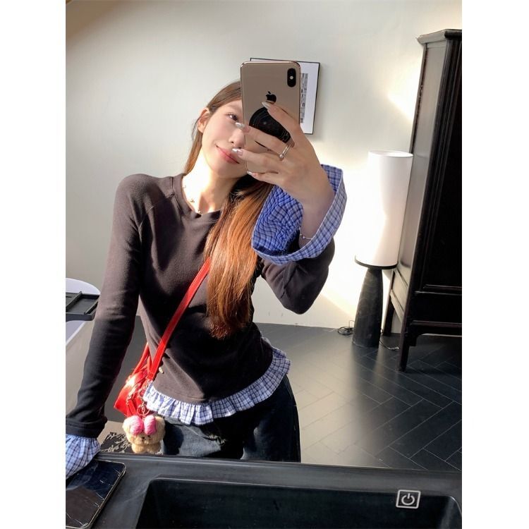 MR【原版做法】复古格纹拼接长袖女秋季设计感显瘦T恤修身别致