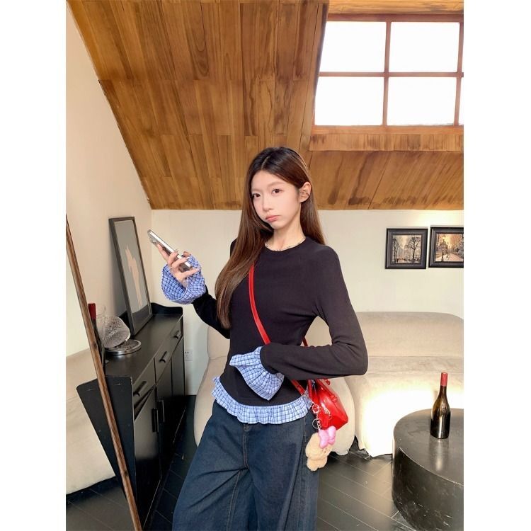 MR【原版做法】复古格纹拼接长袖女秋季设计感显瘦T恤修身别致
