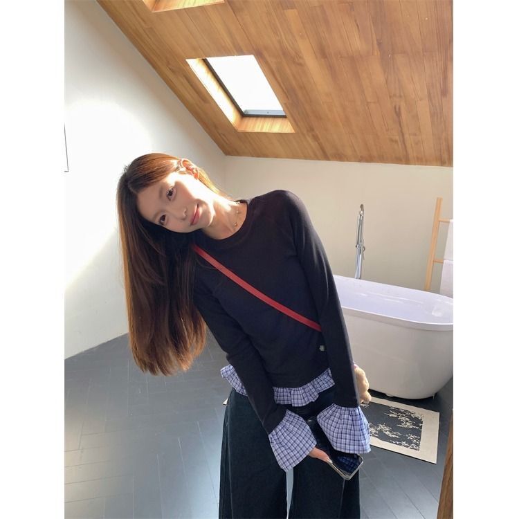 MR【原版做法】复古格纹拼接长袖女秋季设计感显瘦T恤修身别致