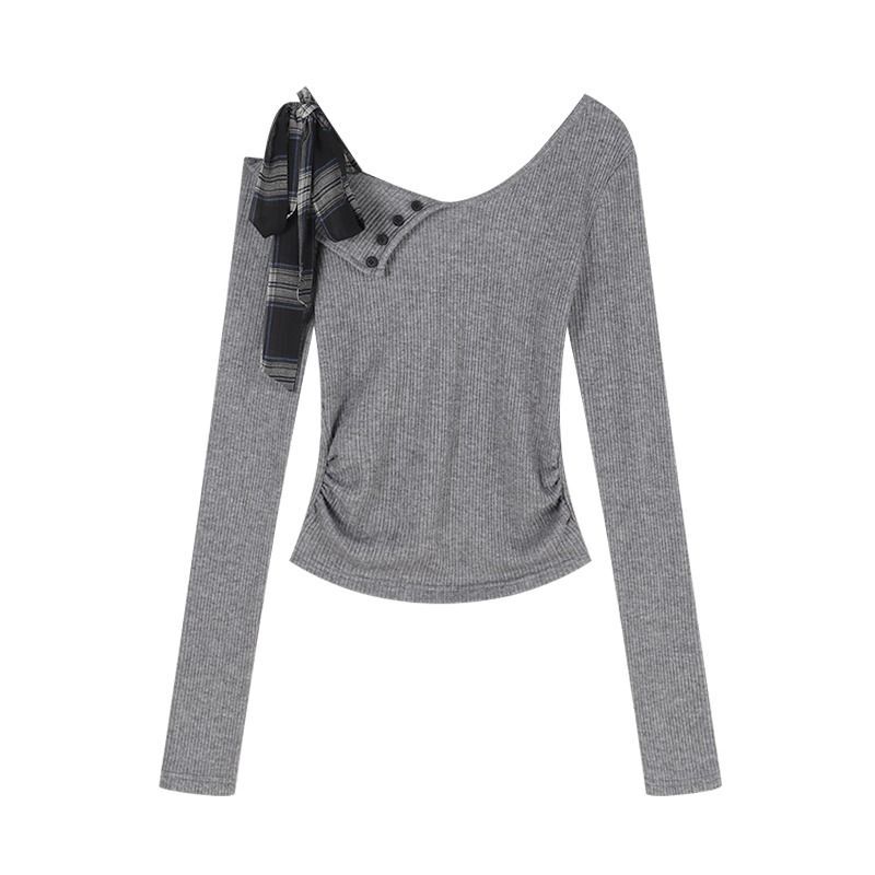 MR 原版品质 设计感系带露肩v领长袖针织衫别致上衣女秋冬打