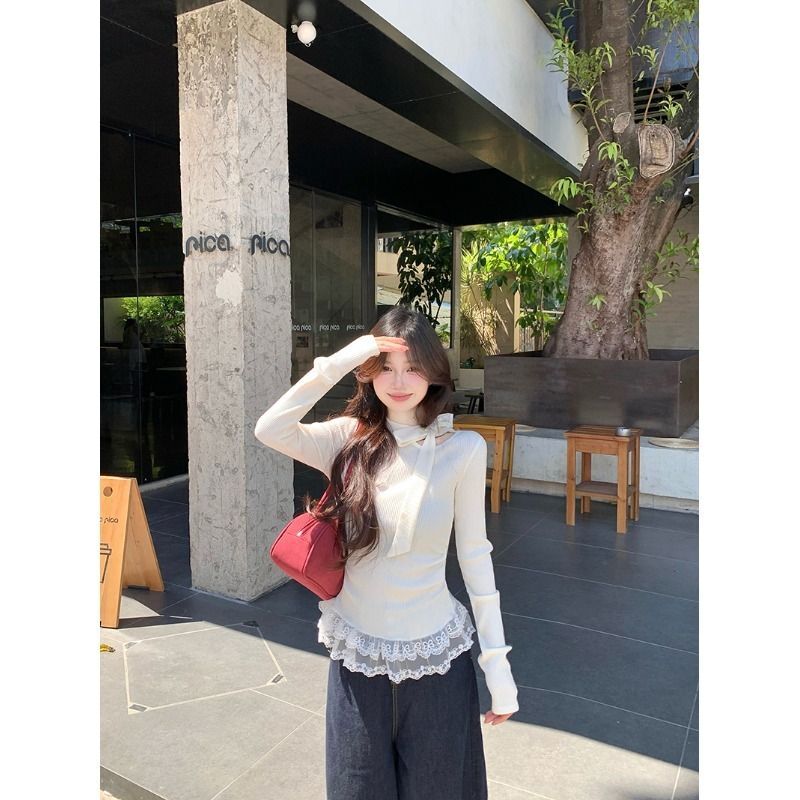 MR 舒服绒 原版品质 韩系白色打底衫女早秋蝴蝶结小香风蕾丝