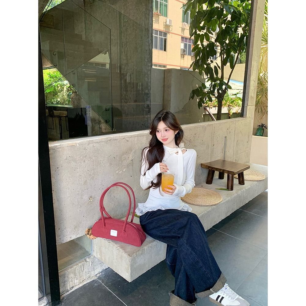 MR 舒服绒 原版品质 韩系白色打底衫女早秋蝴蝶结小香风蕾丝