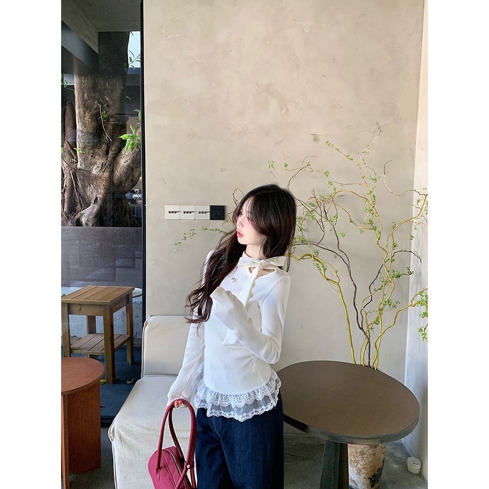 MR 舒服绒 原版品质 韩系白色打底衫女早秋蝴蝶结小香风蕾丝