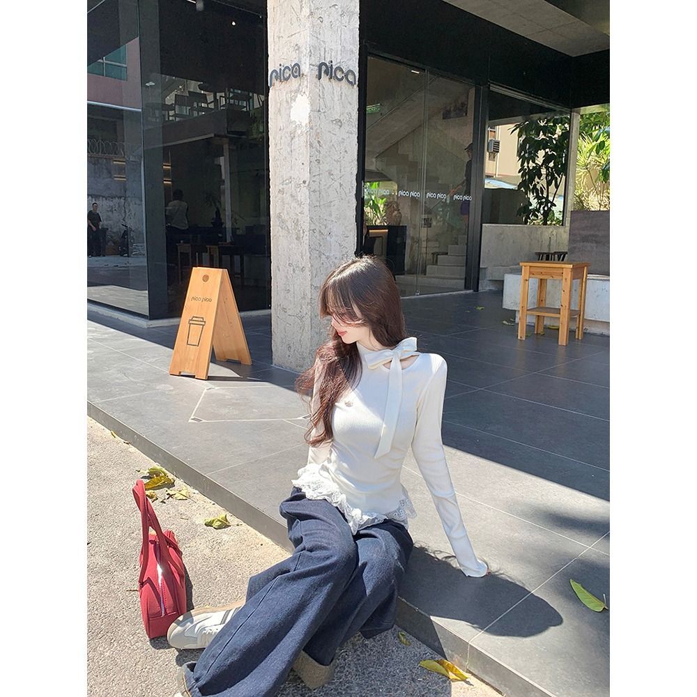 MR 舒服绒 原版品质 韩系白色打底衫女早秋蝴蝶结小香风蕾丝