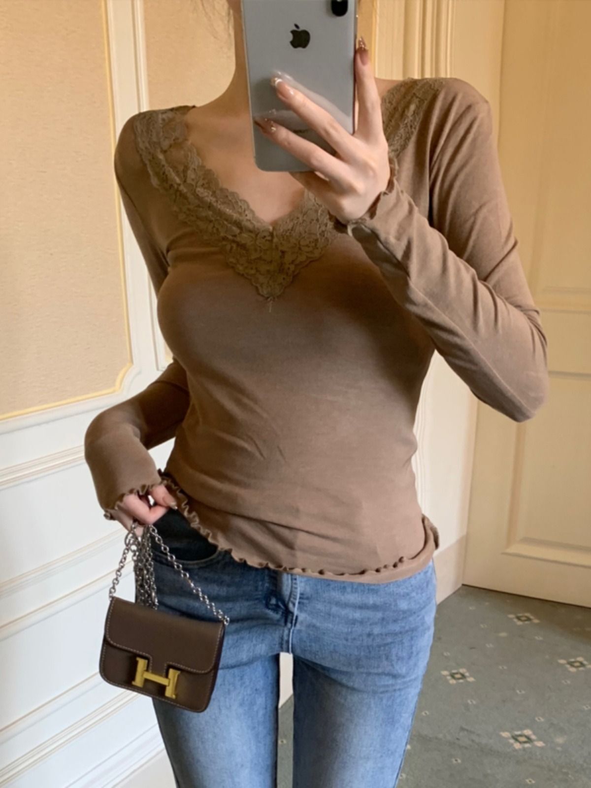 MR【螺纹德绒】蕾丝打底衫女秋冬季内搭长袖t恤纯欲V领茶艺白