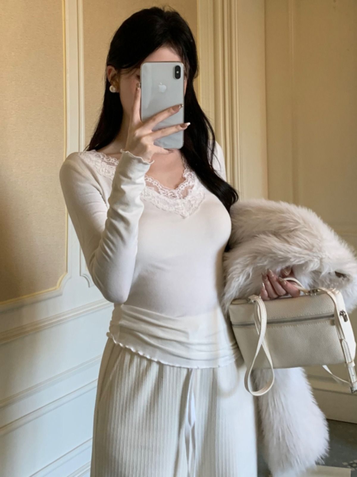 MR【螺纹德绒】蕾丝打底衫女秋冬季内搭长袖t恤纯欲V领茶艺白