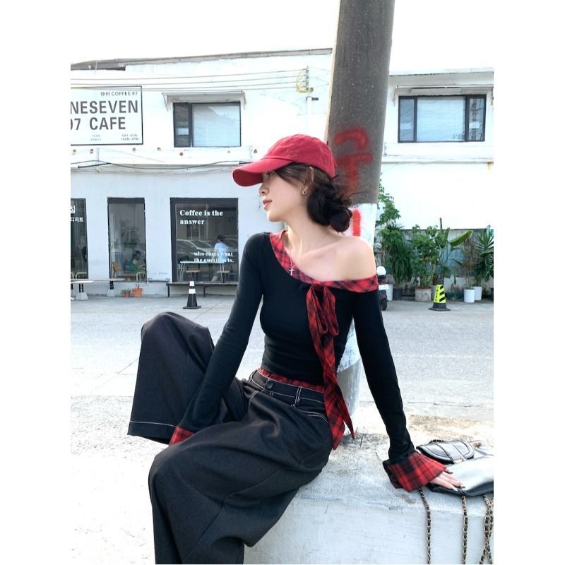 MR 40支人棉 辣妹纯欲性感露斜肩蝴蝶结系带长袖t恤打底