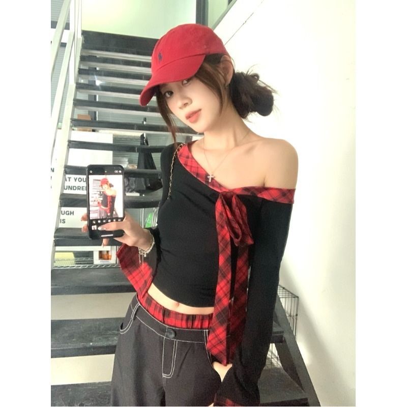 MR 40支人棉 辣妹纯欲性感露斜肩蝴蝶结系带长袖t恤打底